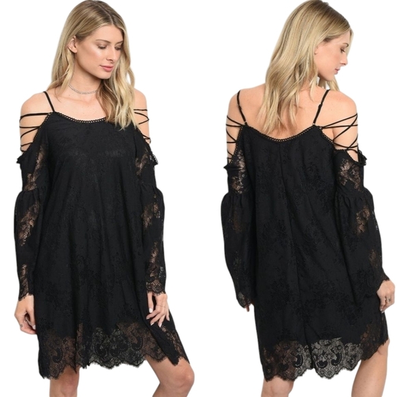 Boutique White Strappy Cold  Shoulder Lace Boho Shift Dress - Picture 8 of 10